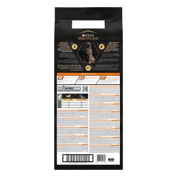 Dos d'un sac de nourriture pour chien Purina Pro Plan avec informations nutritionnelles, guide d'alimentation et image d'un grand chien noir.