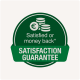Green circular badge featuring the text "Satisfied or money back*" and "SATISFACTION GUARANTEE" with euro coins graphic.