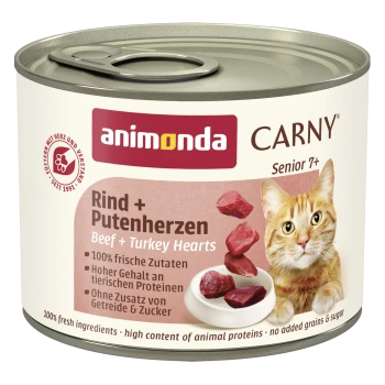 Dose Animonda CARNY Katzenfutter (Senior 7+) mit Aufschrift 'Rind + Putenherzen / Beef + Turkey Hearts', orange Katze und Fleischstücke.