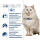 Ein flauschiger weißer Hund sitzt vor einem blauen Hintergrund mit Text über die Vorteile von Haustierprodukten: Stressreduktion und Steinauflösung in 7 Tagen.