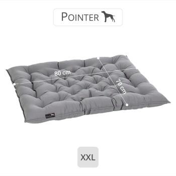 Graues Hundebett mit gepolstertem Design, misst 80 cm mal 70 cm, beschriftet mit 'Pointer' und Größe 'XXL.'