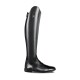 Ein eleganter schwarzer Reitstiefel mit hohem Schaft und Reißverschluss, mit polierter Oberfläche und abgerundeter Zehenform.