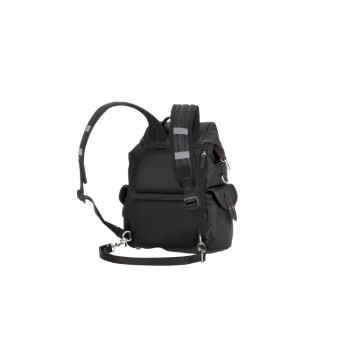 Schwarze Haustiertragetasche mit verstellbarem Schultergurt, mit mehreren Taschen und robustem Design.