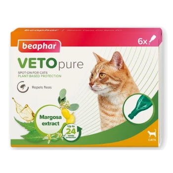 Beaphar VETO pure spot-on for cats box showing orange tabby, plant-based protection, Margosa extract, repels fleas, 6x