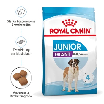 Royal Canin Junior Giant Hundefutterbeutel mit einem Bernhardiner, der die Unterstützung des Immunsystems, das Muskelwachstum und die angepasste Kibblesgröße betont.