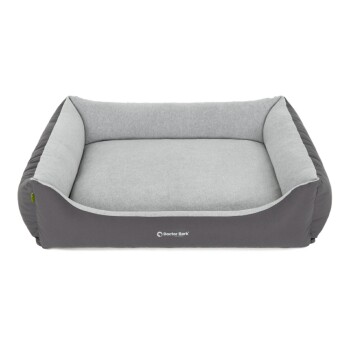Graues und hellgraues Haustierbett mit erhöhten Seiten, mit dem Logo "Doctor Bark" auf der Vorderseite.