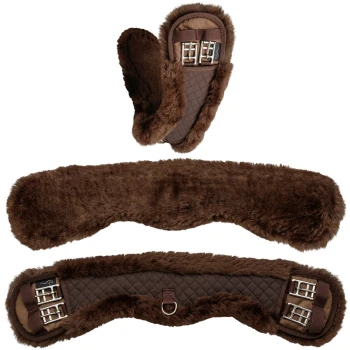 Braunes Kunstfell-Haustiergeschirrpolster mit gestepptem Stoff und Metallverschlüssen, in drei Abschnitten präsentiert.