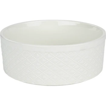 White ceramic pet bowl with a textured diamond pattern on the exterior, featuring a smooth interior.