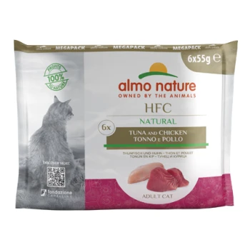 Almo Nature HFC Natur Katzenfutterpackung mit Thunfisch und Huhn, 6x55g, mit einer Katzensilhouette und dem Etikett "100% Gewinne für die Natur".