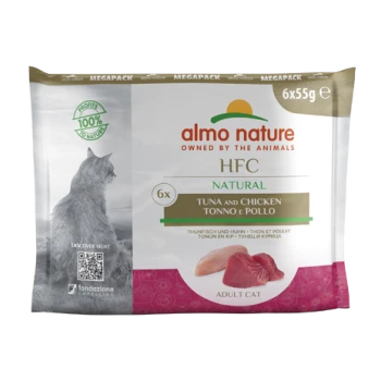 Almo Nature HFC Natur Katzenfutterpackung mit Thunfisch und Huhn, 6x55g, mit einer Katzensilhouette und dem Etikett "100% Gewinne für die Natur".