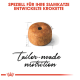 Futter für Siamkatzen, speziell entworfen, mit einer Donutform und dem Text "maßgeschneiderte Ernährung" darunter.