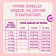 Graphique rose pour chiot « VOTRE GOBELET DOSEUR VA DEVOIR S'ENTRAÎNER » avec tableau « POIDS ACTUEL DU CHIOT » et « POIDS ADULTE ATTENDU ».