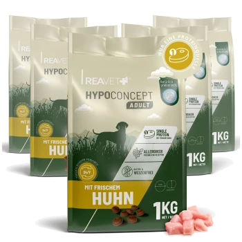Reavet HypoConcept Adult Hundefutterbeutel (1 kg) mit Aufschrift 'Mit frischem Huhn', zeigt Kroketten und rohe Hühnerstücke