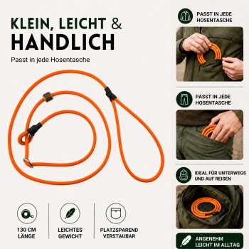 Orangefarbene Hundeschleppleine mit Holzperle und Metallring, für einfache Anpassung und Kontrolle.