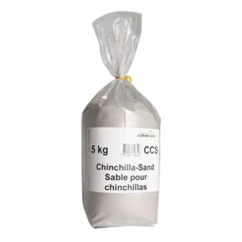 Sac de 5 kg de sable pour chinchilla, étiqueté en anglais et en français, conçu pour le soin des chinchillas.