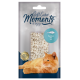 Gros plan sur l'emballage des friandises pour chats Soft Cubes Moments avec des cubes blancs doux et un chat orange. Le texte indique "Thunfisch" et "Quality Filet."