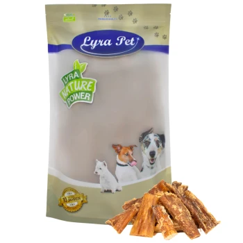 Lyra Pet Hundeleckerlipackung mit einer beigen Tüte mit dem Etikett "Lyra Nature Power", neben einem Haufen natürlicher Kaustäbchen.