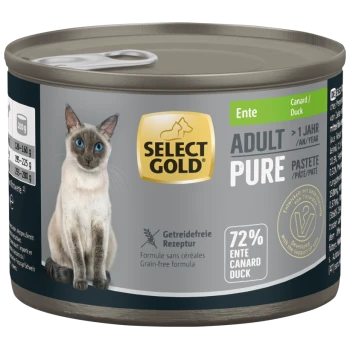 Select Gold Adult Pure Duck getreidefreies Katzenfutter Paté 200g mit Bild einer Siamkatze auf dem Etikett.