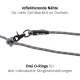 Nahaufnahme einer grauen Haustierleine mit reflektierenden Nähten, drei verstellbaren O-Ringen und "Floxik"-Markierung.