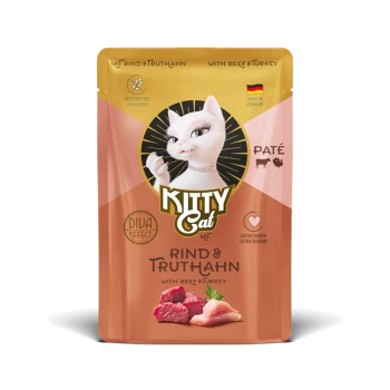 Kitty Cat getreidefreies Pâté Katzenfutter mit Rind und Truthahn, hergestellt in Deutschland, mit Diva Effect und extra Taurin.