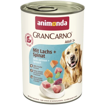Animonda GranCarno hondenvoerblikje met etiket 'Met Zalm + Spinazie, Volwassen 1+' met een golden retriever en stukjes zalm