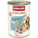Animonda GranCarno Hundefutterdose mit der Aufschrift 'Mit Lachs + Spinat / With Salmon + Spinach, Adult 1+' mit Golden Retriever und Lachsstücken.
