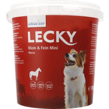Conteneur de nourriture pour animaux de compagnie LECKY Klein & Fein pour chiens, présentant une silhouette de chien et de cheval, avec des étiquettes de qualité suisse, 60 % de viande et sans gluten.