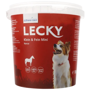 Conteneur de nourriture pour animaux de compagnie LECKY Klein & Fein pour chiens, présentant une silhouette de chien et de cheval, avec des étiquettes de qualité suisse, 60 % de viande et sans gluten.