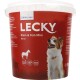 Behälter mit LECKY Klein & Fein Mini-Hundefutter, mit Silhouetten eines Hundes und eines Pferdes, mit Schweizer Qualität, 60 % Fleisch und glutenfreien Etiketten.