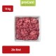 Verpacktes rohes Rindfleisch für Hunde, beschriftet mit 'proCani buy nature', mit einer malerischen Hintergrund und dem Text 'Rindfleisch pur - Pure Beef.'