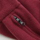 Nahaufnahme einer bordeauxroten Fleece-Haustierjacke mit einem schwarzen YKK-Doppelreißverschluss.