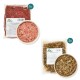 Rohes Haustierfutterprodukte ausgestellt: ein Paket Lamm-Mischung, eine Schüssel mit rosa Hackfleisch, zwei Pakete Rindfleisch-Mischung und eine Schüssel mit brauner Fleischmischung.