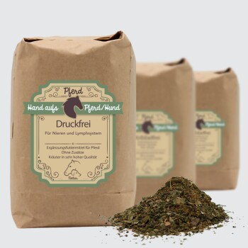 Eine "Druckfrei" braune Papiertüte mit grünem Design enthält Kräuterergänzungen für Haustiere, mit verschütteten getrockneten Kräutern und Beeren davor.