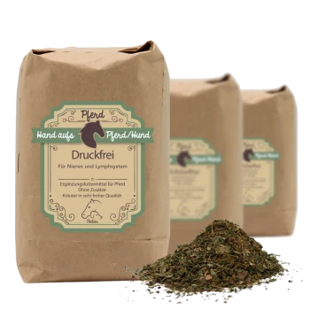 Eine "Druckfrei" braune Papiertüte mit grünem Design enthält Kräuterergänzungen für Haustiere, mit verschütteten getrockneten Kräutern und Beeren davor.