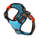 Blaue und schwarze Haustiergeschirr mit orangefarbenen Akzenten, mit verstellbaren Riemen und einem metallenen D-Ring zur Leinenbefestigung.