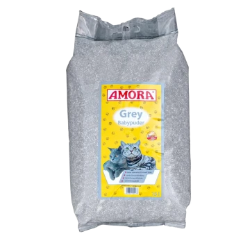 AMORA Grey Babypuder Katzenstreu, 15 L, graue Granulate, gelbes Etikett mit zwei Katzen.