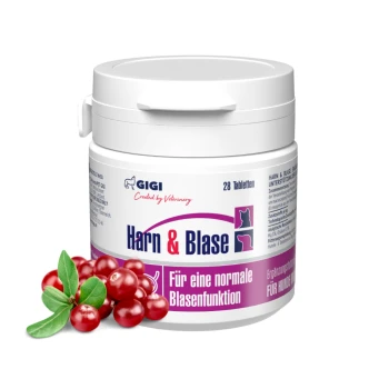 Behälter mit "Harn & Blase" Tabletten für Hunde (28 Tabletten) mit Cranberries und grünen Blättern. Text: "Für eine normale Blasenfunktion."