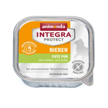 Eine silberne Dose Animonda Integra Protect Hundefutter, beschriftet mit "Nieren Pute Pur," eine phosphorarme, getreidefreie Diät zur Unterstützung der Nieren.