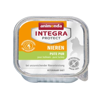Eine silberne Dose Animonda Integra Protect Hundefutter, beschriftet mit "Nieren Pute Pur," eine phosphorarme, getreidefreie Diät zur Unterstützung der Nieren.