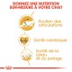 Infographie promouvant une nutrition sur mesure pour les chats, mettant en avant le soutien articulaire, la santé cardiaque et la santé de la peau et du pelage en français.