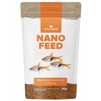 NatureHolic Nano Feed Beutel für Zierfische, 30 g, Illustration mit drei Fischen, Text ‚Mischfuttermittel für Zierfische‘
