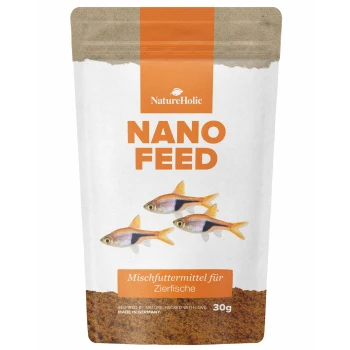 NatureHolic Nano Feed Beutel für Zierfische, 30 g, Illustration mit drei Fischen, Text ‚Mischfuttermittel für Zierfische‘