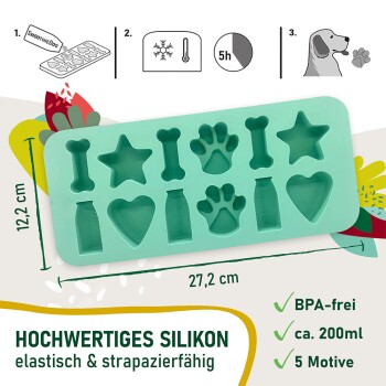 Ein Hund sitzt auf einer Holzterrasse neben einem Tablett mit knochen- und sternförmigen gefrorenen Leckerlis und einer Getränkedose mit der Aufschrift "The Dog."