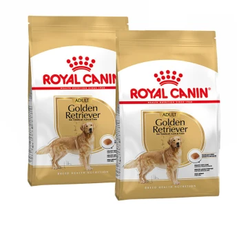 Golden Retriever Adult 2x12 kg Twee zakken Royal Canin hondenvoer voor volwassen Golden Retrievers, met een afbeelding van een golden retriever en tekst die de voedingsbehoeften van het ras benadrukt.