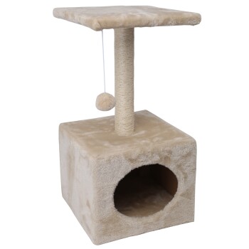 Ein beiger Kratzbaum für Katzen mit quadratischem Sockel, einem Kratzpfosten und einer oberen Plattform. Er verfügt über ein hängendes Pom-Pom-Spielzeug und einen gemütlichen Rückzugsort.