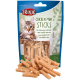 Trixie Chicken Mini Sticks in einer durchsichtigen Tüte, gefüllt mit hellbraunen Sticks, beschriftet mit "Mit Huhn und Reis" in verschiedenen Sprachen.