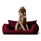 Ein hellbrauner Hund sitzt aufrecht auf einem plüschigen burgunderfarbenen Hundebett und schaut aufmerksam zur Seite.