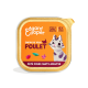 Emballage de nourriture pour chats Edgard Cooper présentant un chat de dessin animé et le texte "Enfin du vrai poulet" et "Pâté pour chats adultes" sur un fond orange.