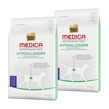 Dwie torby hipoalergicznej karmy dla psów Select Gold Medica Veterinary Diet, każda 10 kg, z sylwetką psa i tekstem w wielu językach.