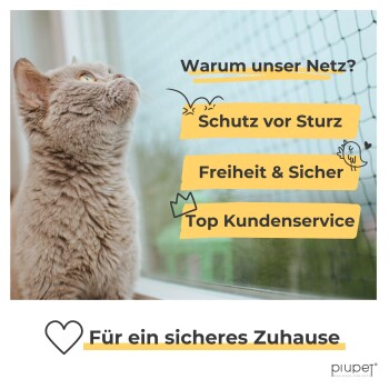 Katze am Fenster mit Schutznetz; deutscher Text: „Warum unser Netz?“ und „Für ein sicheres Zuhause“ mit Vorteilsbannern